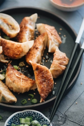 Cooked vegan dumplings close up