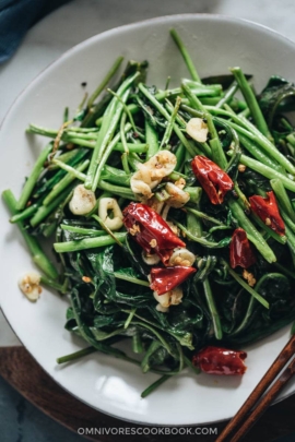 Stir fried water spinach close up