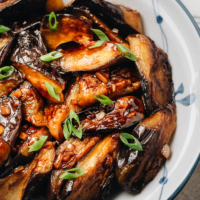 Chinese eggplant with garlic sauce close up