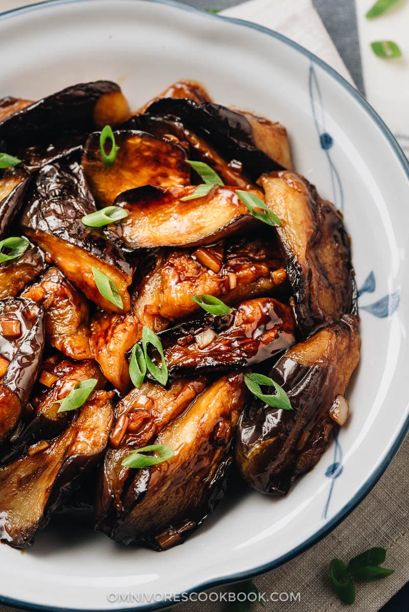 Chinese eggplant with garlic sauce close up