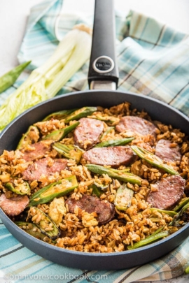 Jambalaya Fried Rice - Use cajun seasonings with smoked sausage and okra to create this fusion rendition of a classic dish in 30 minutes! | omnivorescookbook.com