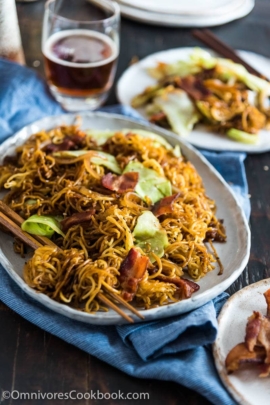 Bacon Pan Fried Noodles - Crispy bacon, charred noodles, sweet cabbage, and caramelized onion make this quick one-bowl meal irresistible!