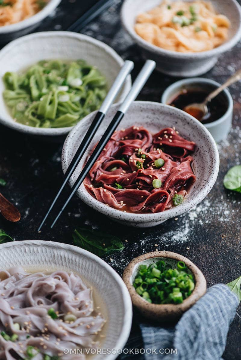 Rainbow Longevity Noodles for Chinese New Year - Made with all-natural vegetarian ingredients and served in a simple, rich broth, they guarantee your dinner party will be a blast.