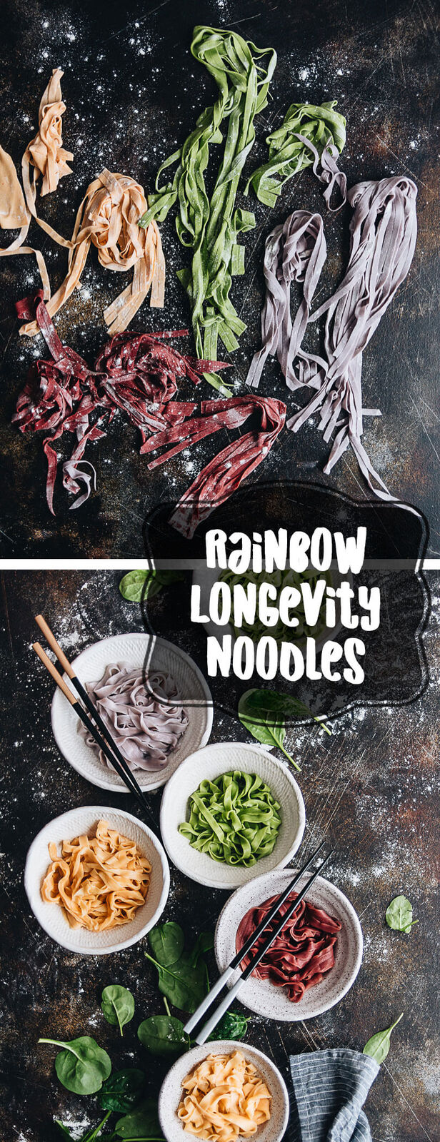 Rainbow Longevity Noodles for Chinese New Year - Made with all-natural vegetarian ingredients and served in a simple, rich broth, they guarantee your dinner party will be a blast.