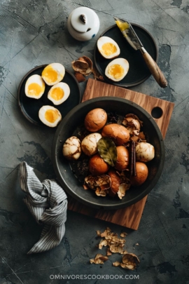 Chinese Tea Eggs (marbled eggs) using soft boiled and hard boiled eggs