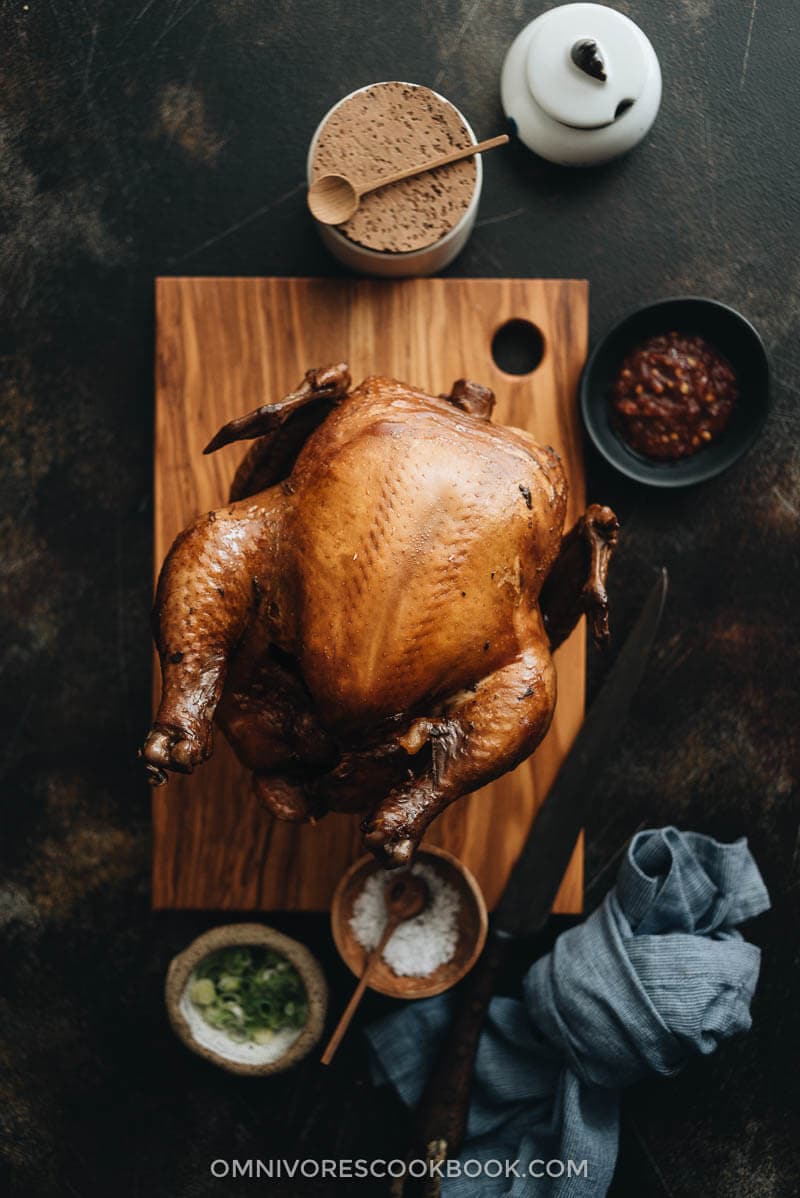 Homemade soy sauce chicken on a cutting board