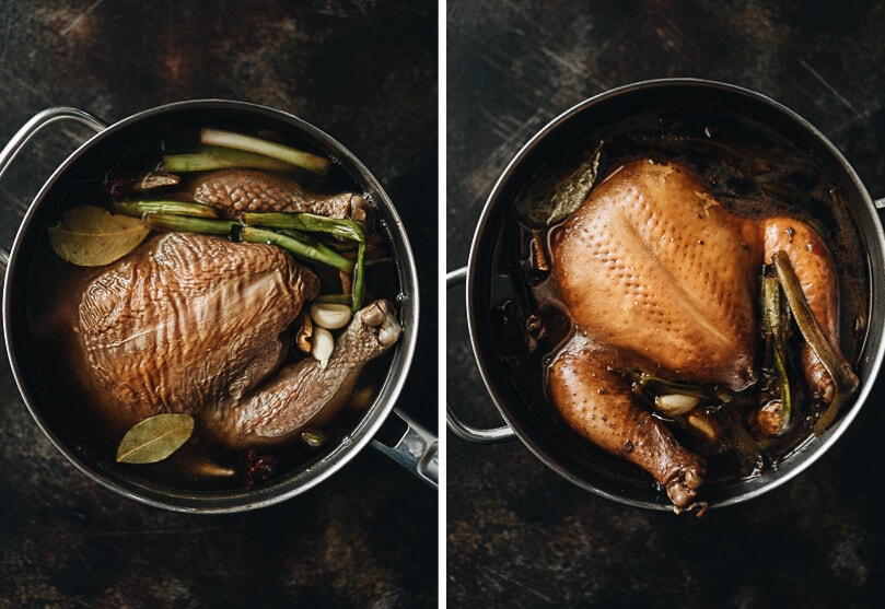 Simmering soy sauce chicken in a pot