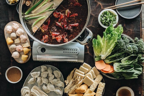 Spread of a Chinese hot pot party feast