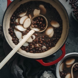 Chinese red bean soup in a pot close up