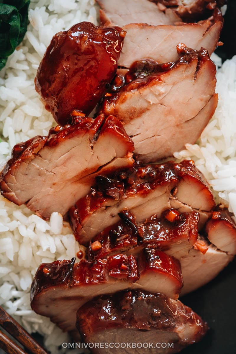 Char siu pork served on steamed rice close-up