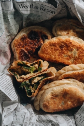 Chinese chive pockets cut open revealing the filling