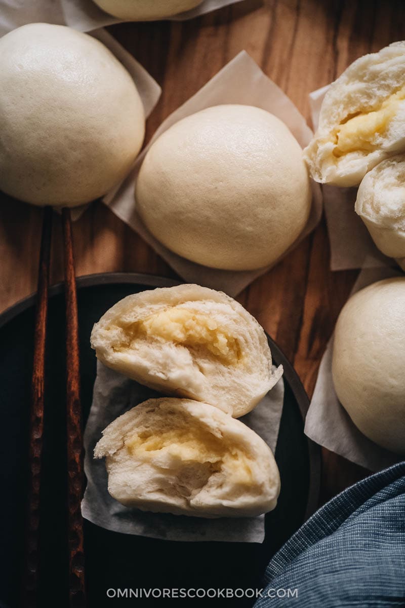 Chinese steamed custard buns close-up