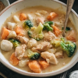 Creamy chicken sweet potato stew close-up