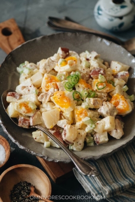 Creamy potato salad with soft boiled eggs