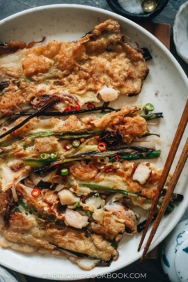 Korean seafood pancake close-up