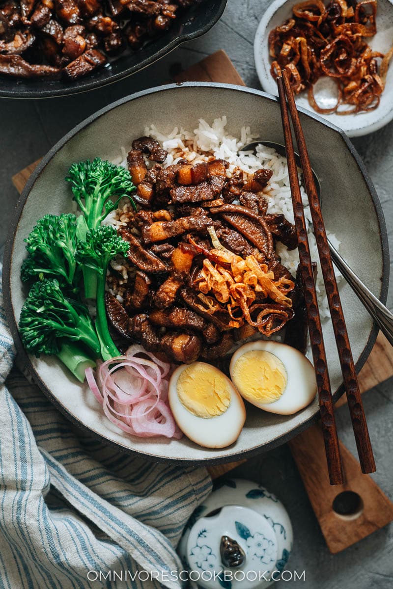 Lu Rou Fan with eggs, pickles and veggies