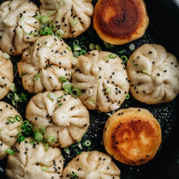 Shanghai pan fried pork buns close up