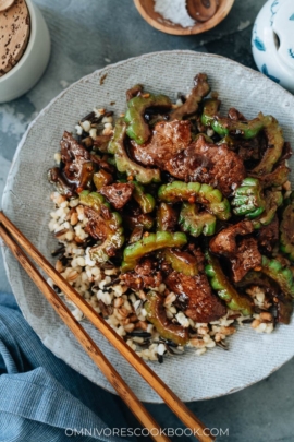 Bitter melon and beef stir fry on rice