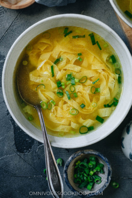 Vegan egg drop soup made with yuba sheet