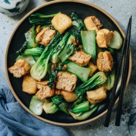 Stir fried bok choy with tofu puffs