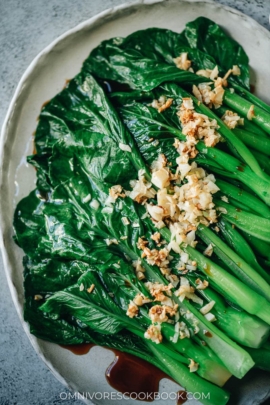 Blanched Yu Choy with Garlic Oil close up