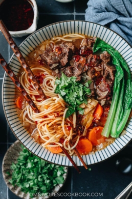 Beef shank noodle soup close up