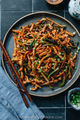 Shredded pork with garlic sauce on a plate