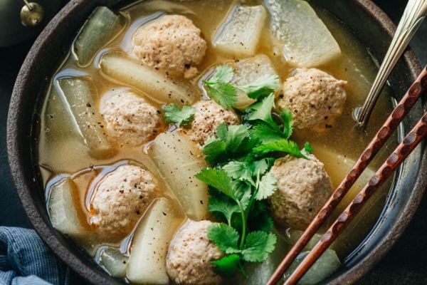 Winter melon soup with meatballs close-up