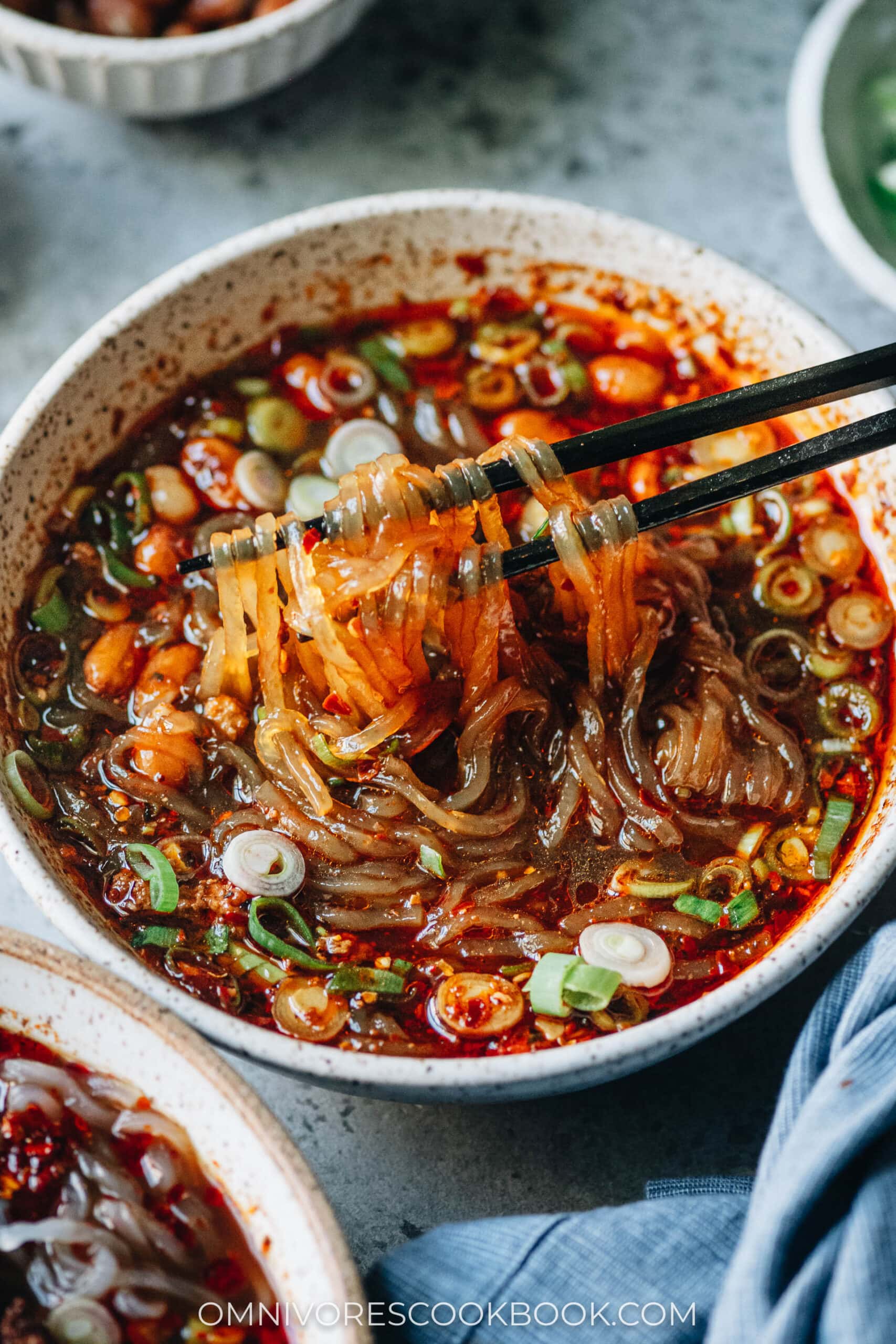 Suan La Fen close up pulling noodles