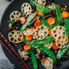 Stir fried lotus root with carrot, wood ear mushroom, and snow peas