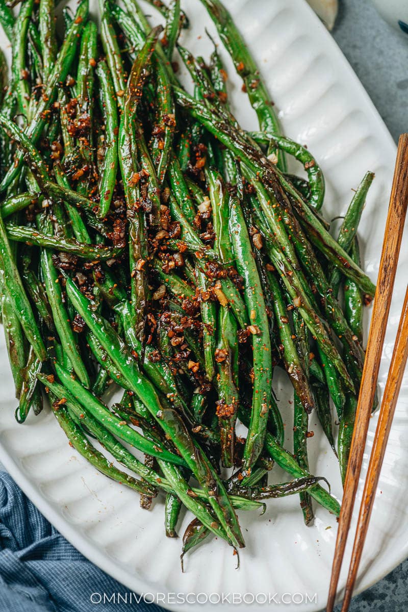 Chinese garlic green beans close up