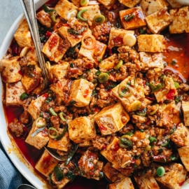 Homemade mapo tofu close up