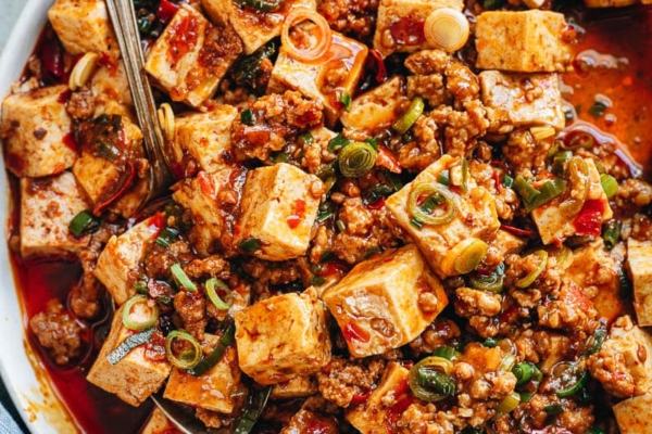 Homemade mapo tofu close up