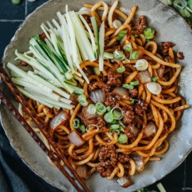 Homemade zha jiang mian topped with cucumber