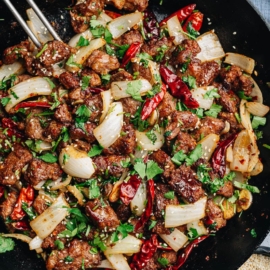 Xinjiang cumin lamb in a pan