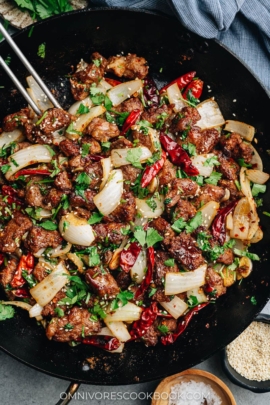 Xinjiang cumin lamb in a pan