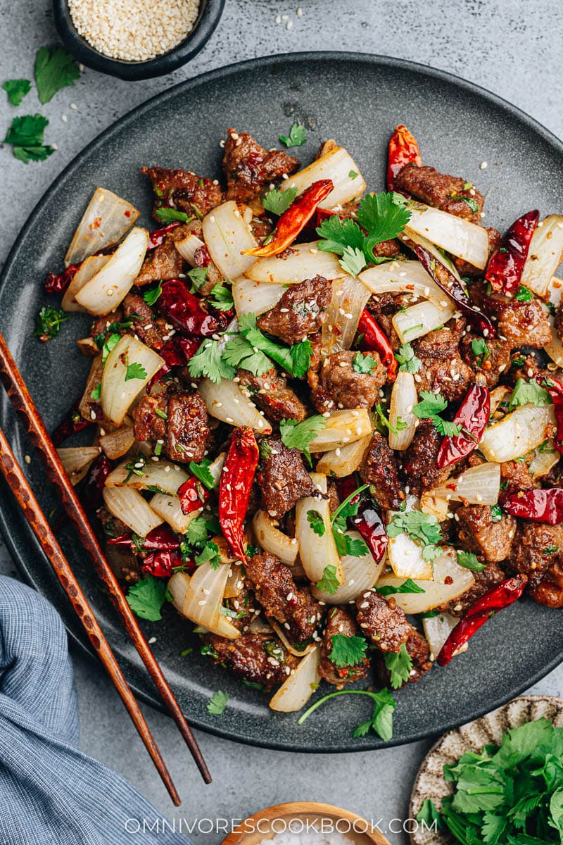 Homemade cumin lamb with onion and chili pepper