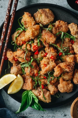 Air fryer salt and pepper chicken close up