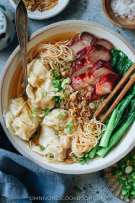 Wonton char siu noodle soup close up