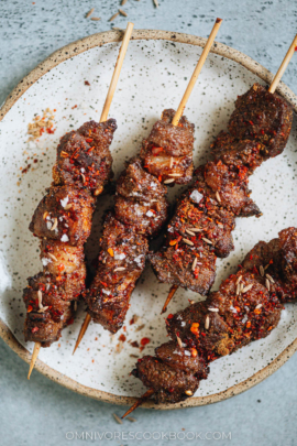 Air fryer lamb skewers close up