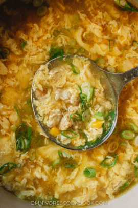 Chinese corn soup with chicken close up