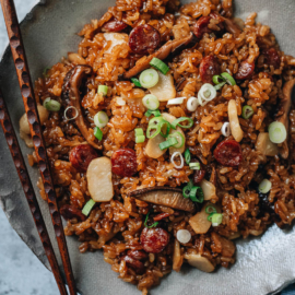 Chinese sausage rice in a bowl