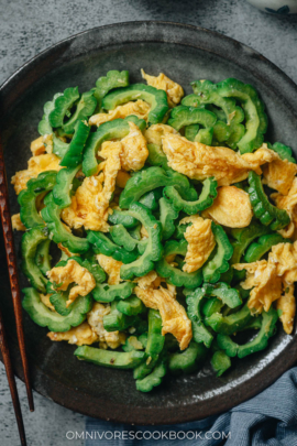 Stir fried bitter melon with eggs close up