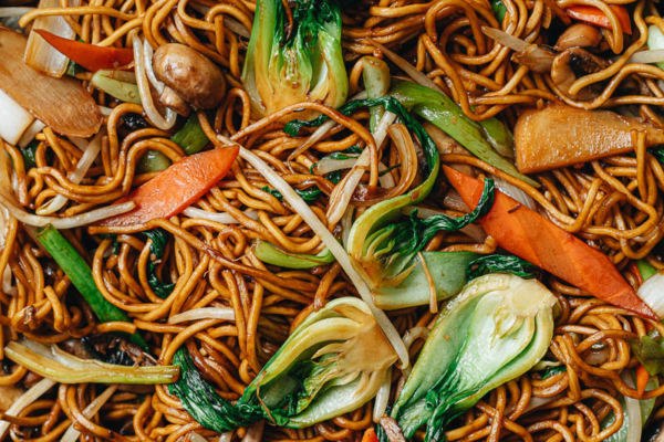 Homemade vegetarian chow mein close up