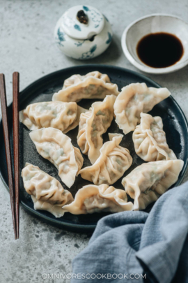 Boiled pork and chive dumplings close up