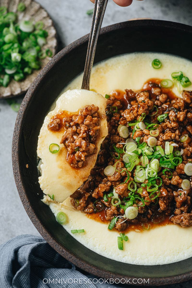 Steamed egg with minced pork close up