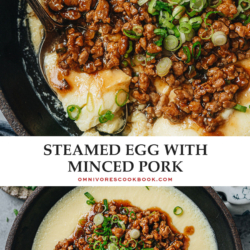 Steamed egg with minced pork is a comforting dish that you can enjoy at any time of day. The silky and tender egg curd is topped with crispy minced pork in a savory gravy. It takes less than 30 minutes to put together this delicious one-bowl meal. {Gluten-Free Adaptable}