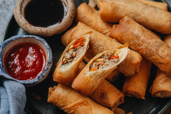 Cantonese style chicken egg rolls close up