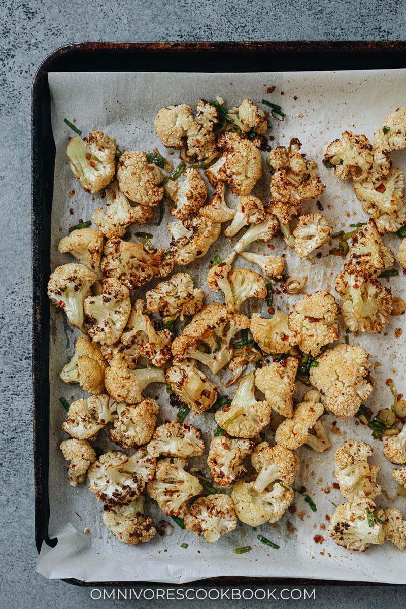 Air fryer cauliflower on a tray