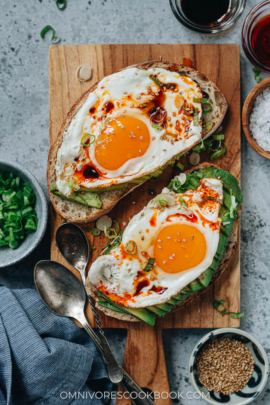 Chinese-style avocado toast on cutting board